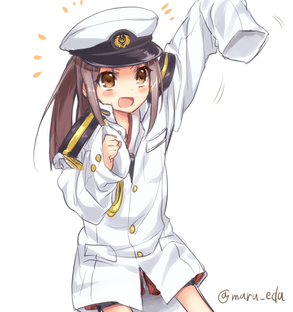 1girl, admiral_(kantai_collection), admiral_(kantai_collection)_(cosplay), arm_up, blush, brown_eyes, brown_hair, cosplay