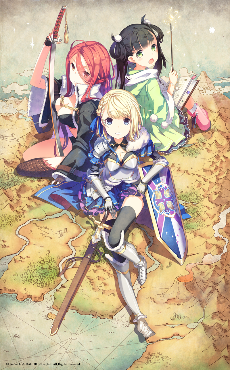 3girls, :d, armor, armored_dress, black_hair, blonde_hair, blue_eyes, book