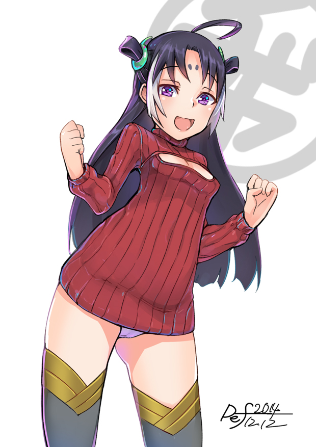 1girl, bangs, black_legwear, breasts, cleavage_cutout, cowboy_shot, def_(chronowarld), double_bun