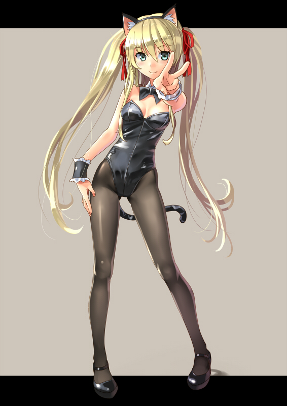 1girl, animal_ears, bare_shoulders, black_legwear, blonde_hair, blush, bowtie, breasts