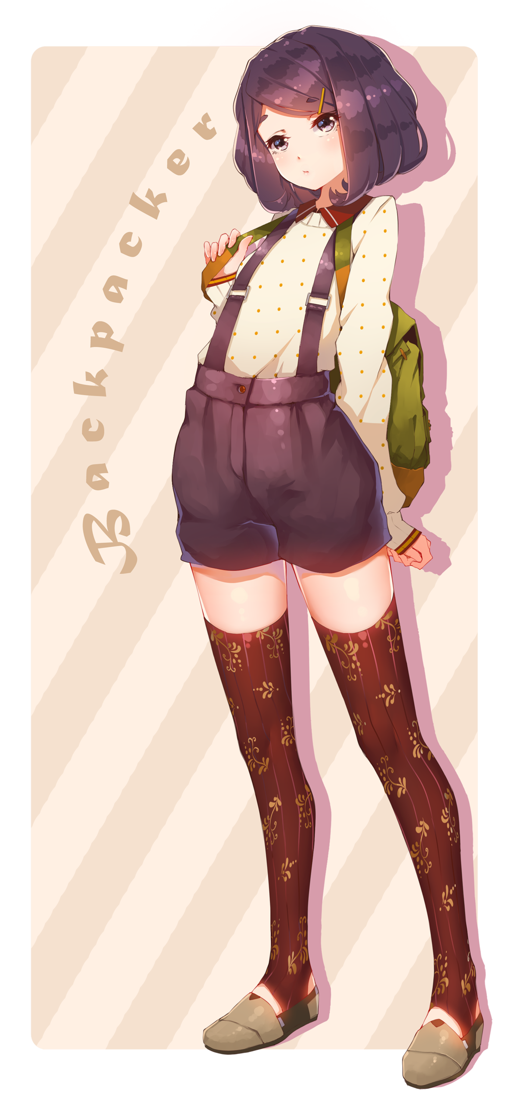 1girl, :/, backpack, bag, english, fangxiang_cuoluan, full_body, hair_ornament