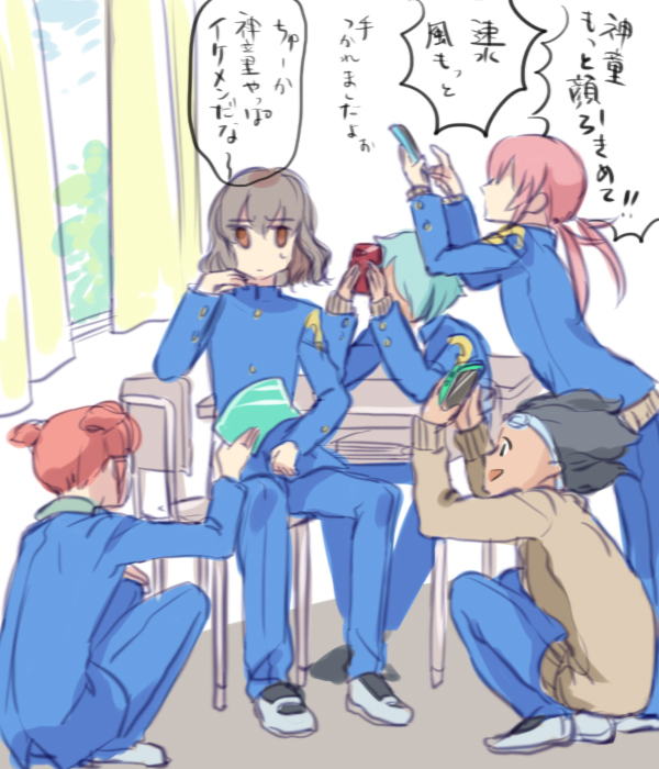 5boys, aqua_hair, black_hair, brown_eyes, brown_hair, cellphone, classroom, desk