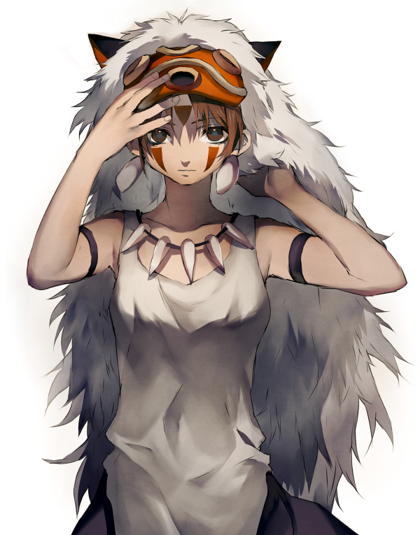 1girl, animal_ears, animal_pelt, brown_eyes, brown_hair, facepaint, fur, looking_at_viewer