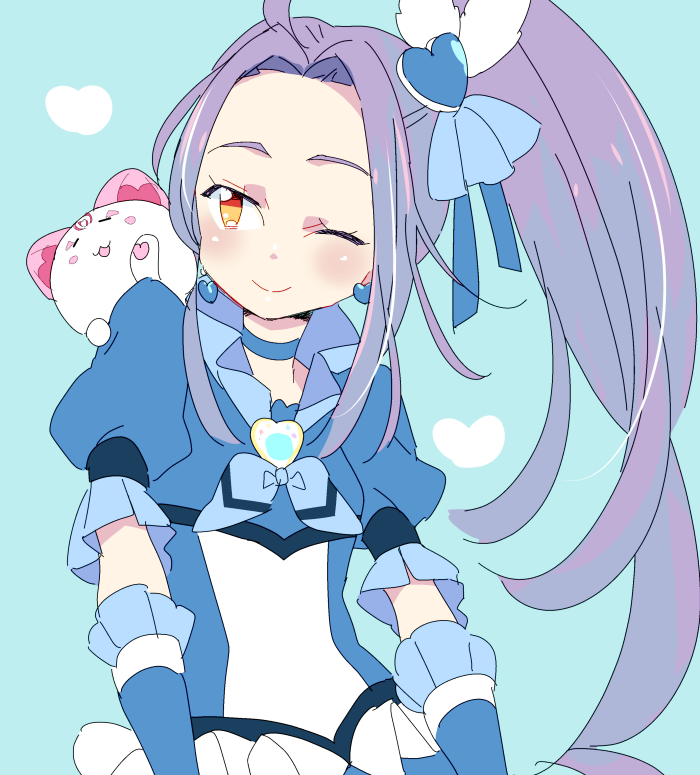 1girl, ;), animal, arm_warmers, blue_background, blush, cat, choker