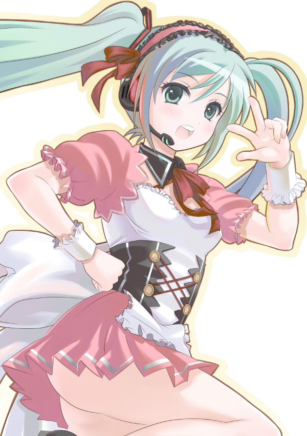 1girl, 502tane, aqua_eyes, aqua_hair, asahina_mikuru, asahina_mikuru_(cosplay), ass, cosplay, covered_panties, crypton_future_media, hair_ribbon, hairband, hatsune_miku, headphones, headset, kadokawa_shoten, komatsu_tane, kyoto_animation, long_hair, moe, ribbon, short_dress, solo, suzumiya_haruhi_no_yuuutsu, tokyo_mx, twintails, upper_teeth, v, vocaloid, yamaha_(company)