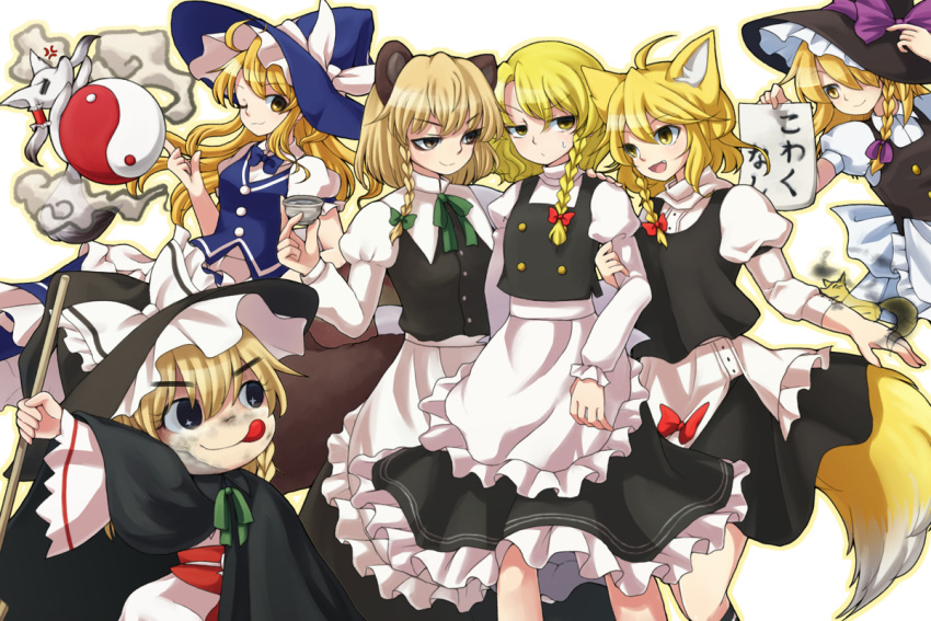 6+girls, anger_vein, animal_ears, animalization, apron, bakedanuki_(touhou), black_eyes, blonde_hair