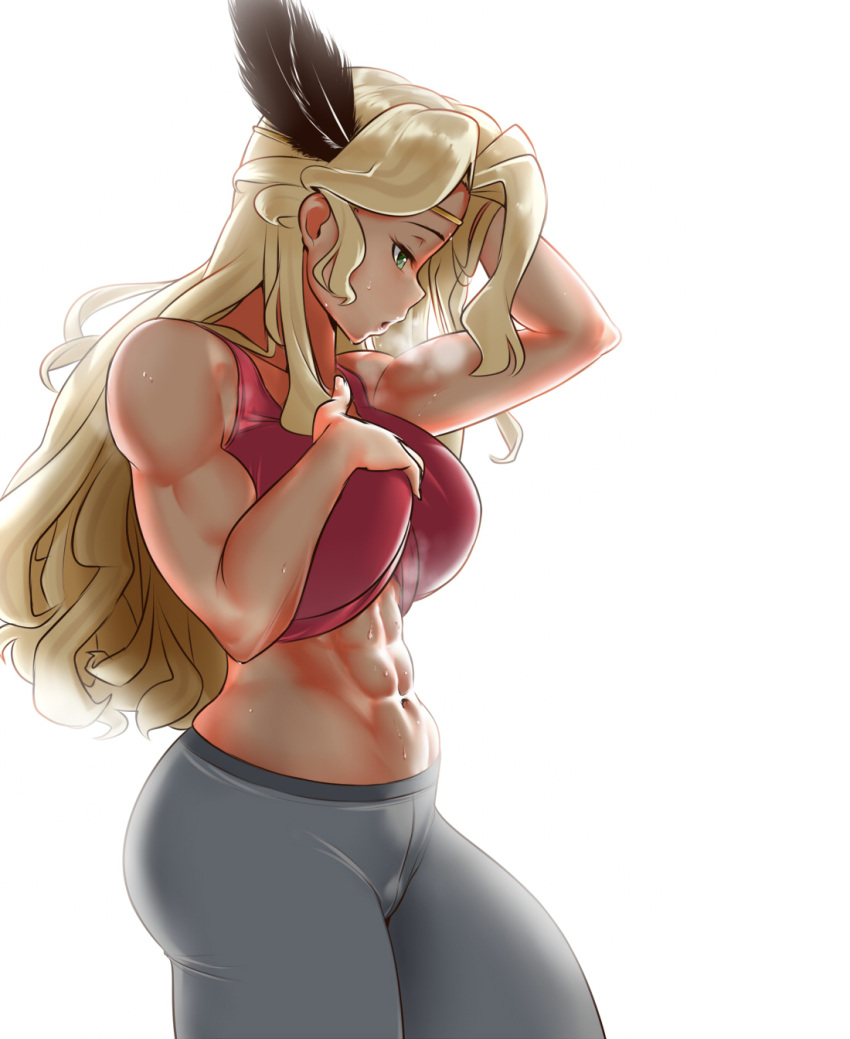 1girl, abs, amazon_(dragon's_crown), arm_up, bare_shoulders, blonde_hair, breasts, breath
