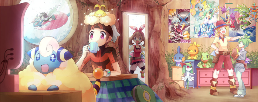 2girls, 3boys, alternate_color, brown_hair, deoxys, doll, green_hair, haruka_(pokemon)