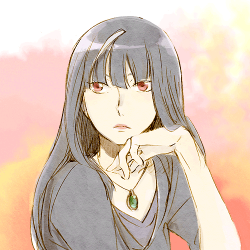 bangs, black_hair, blunt_bangs, bust, chin_rest, death_parade, frown, jewelry