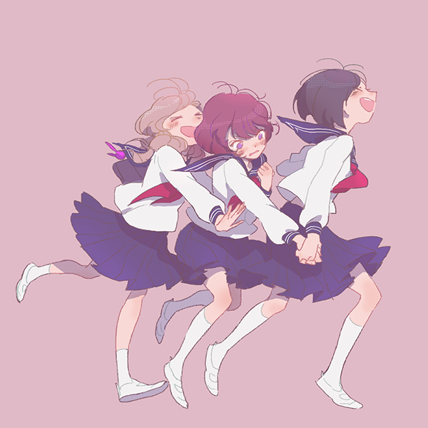 3girls, aldnoah.zero, amifumi_inko, black_hair, blush, chino_kawashiku, closed_eyes, holding_hands