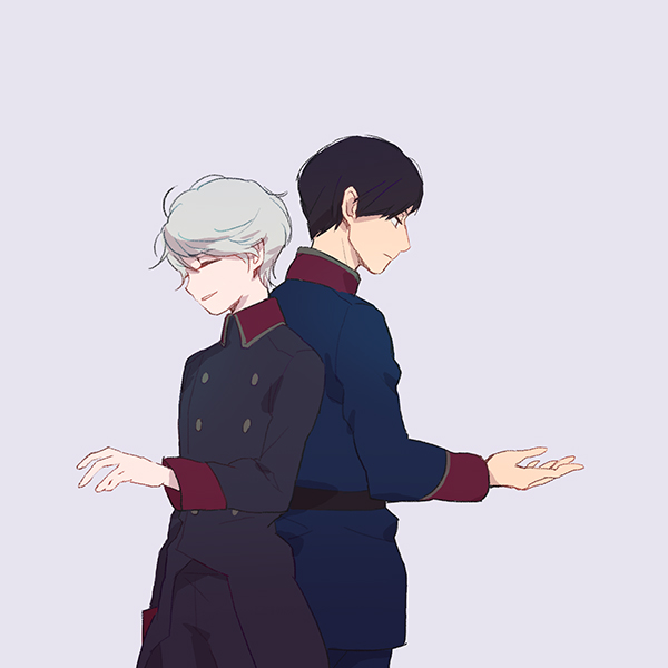 2boys, aldnoah.zero, back-to-back, black_hair, chino_kawashiku, closed_eyes, double-breasted, harklight