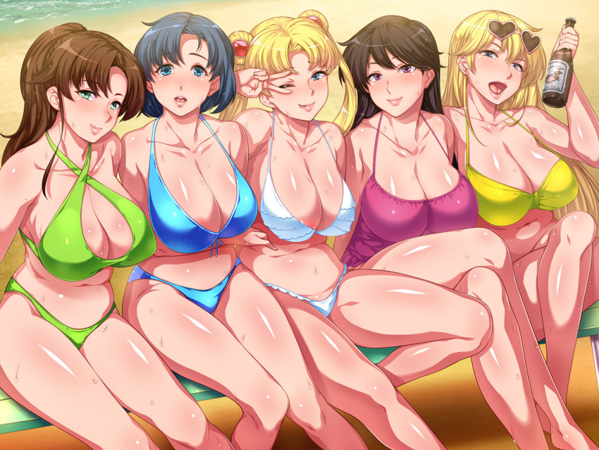 5girls, aino_minako, bangs, beach, bench, bikini, bishoujo_senshi_sailor_moon, black_hair