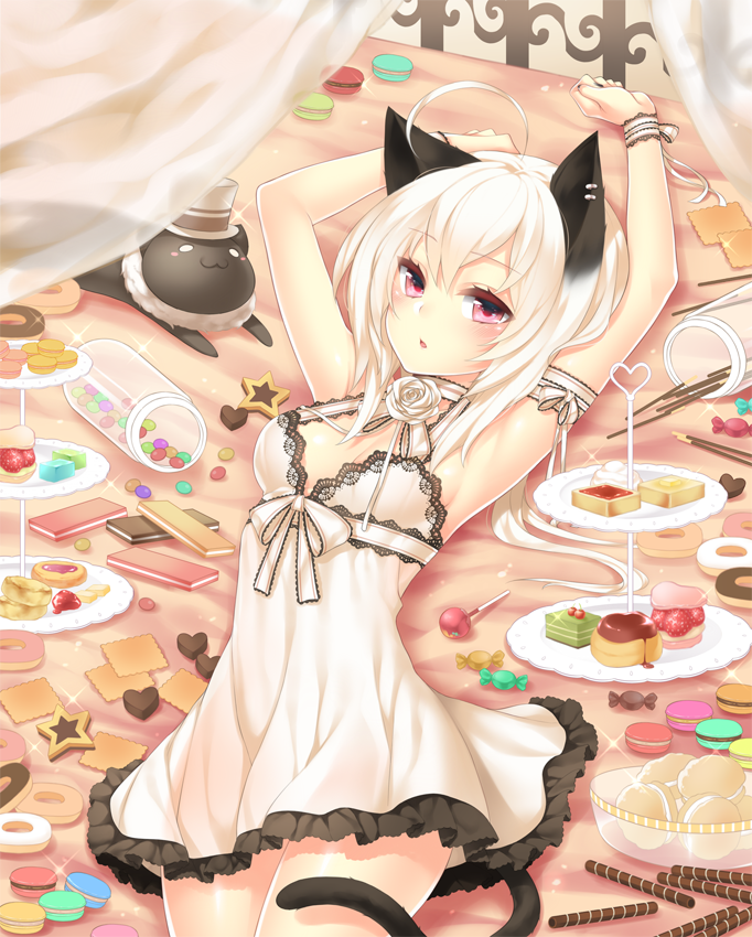 1girl, animal_ears, armpits, arms_up, bed_sheet, cat_ears, cat_tail, chemise