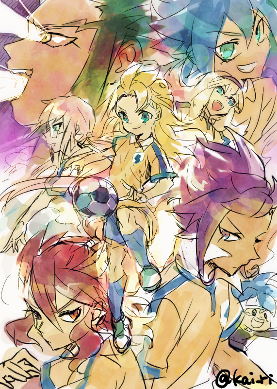 1girl, 6+boys, ball, blonde_hair, blue_hair, brown_hair, fei_rune, fei_rune_(mixi_max_big)