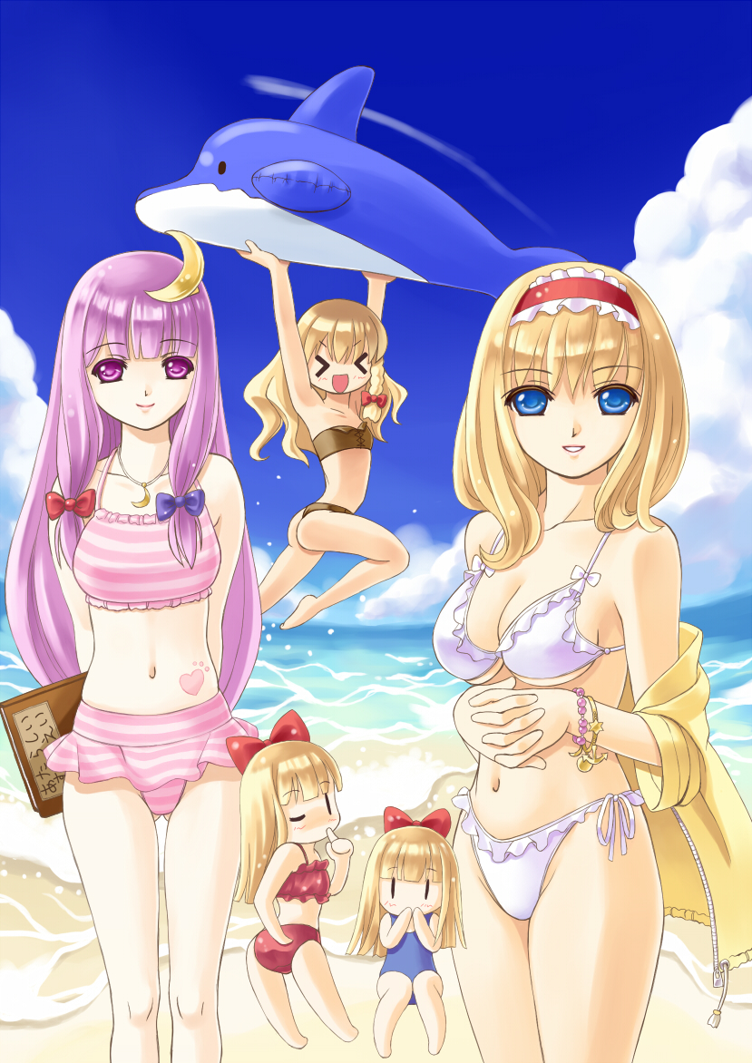 >_<, alice_margatroid, alternate_hairstyle, bad_id, beach, bikini, blonde_hair, blue_eyes