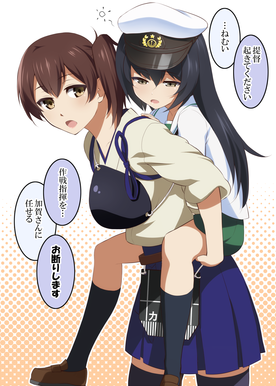 2girls, armor, black_hair, black_legwear, brown_eyes, brown_hair, carrying, girls_und_panzer