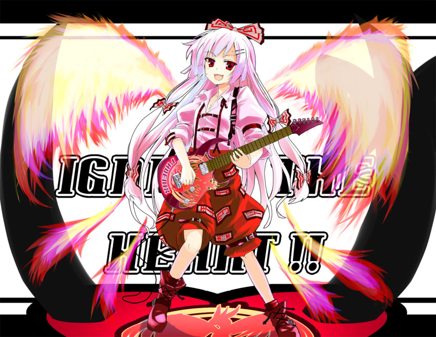 1girl, fiery_wings, fire, fujiwara_no_mokou, gochou_(comedia80), guitar, hair_ribbon, instrument