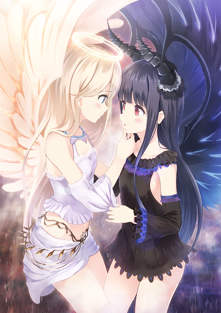 2girls, alc_(ex2_lv), angel, angel_and_devil, angel_wings, black_hair, blue_eyes, brown_eyes, demon_girl, demon_horns, demon_wings, detached_sleeves, female, halo, hand_on_another's_chin, horns, long_hair, midriff, multiple_girls, original, parted_lips, silver_hair, smile, wings, yuri