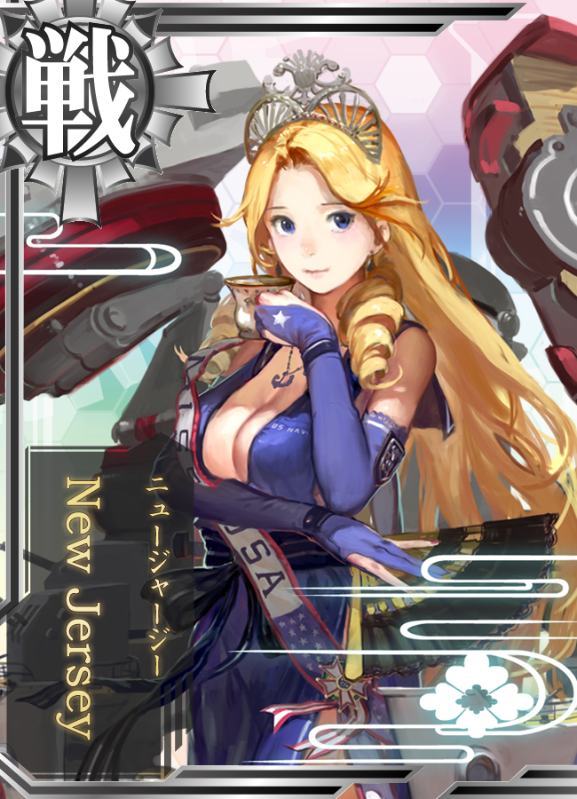 1girl, blonde_hair, blue_eyes, breasts, bridal_gauntlets, card_parody, cleavage, cup