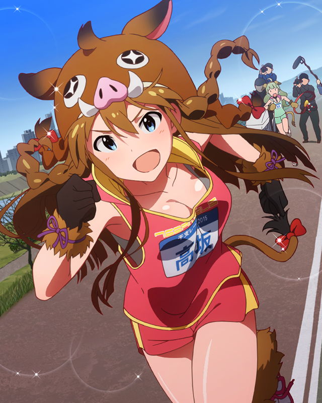 >:d, 2girls, :d, aqua_eyes, armpits, black_gloves, braid, breasts
