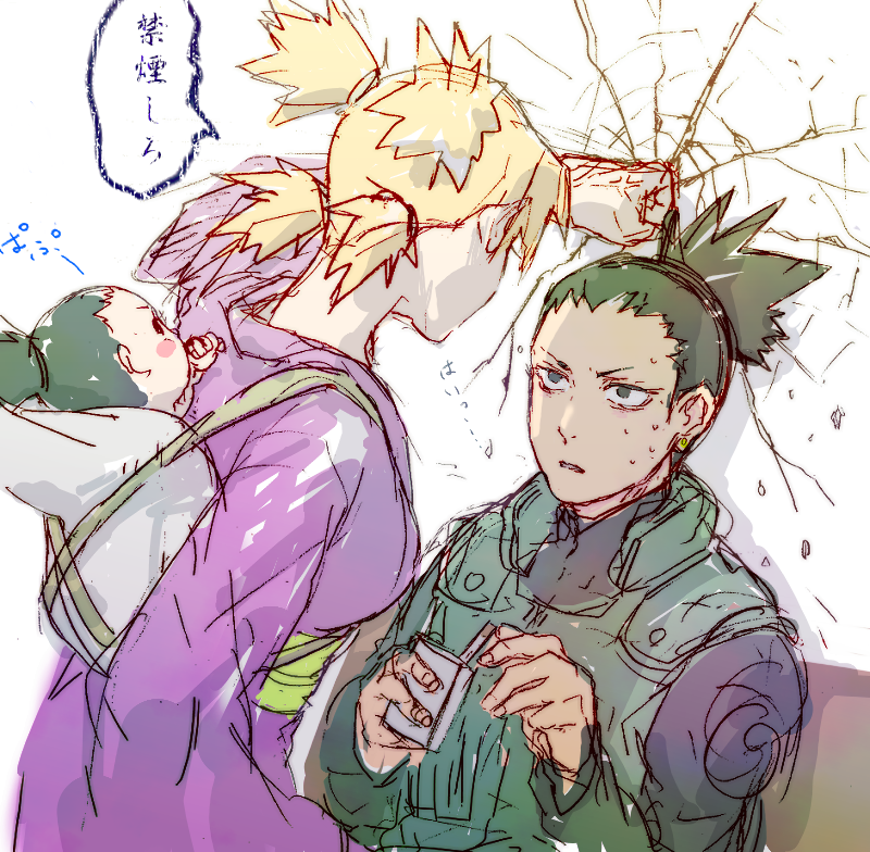 1girl, 2boys, anger_vein, baby, black_eyes, black_hair, blonde_hair, broken_wall
