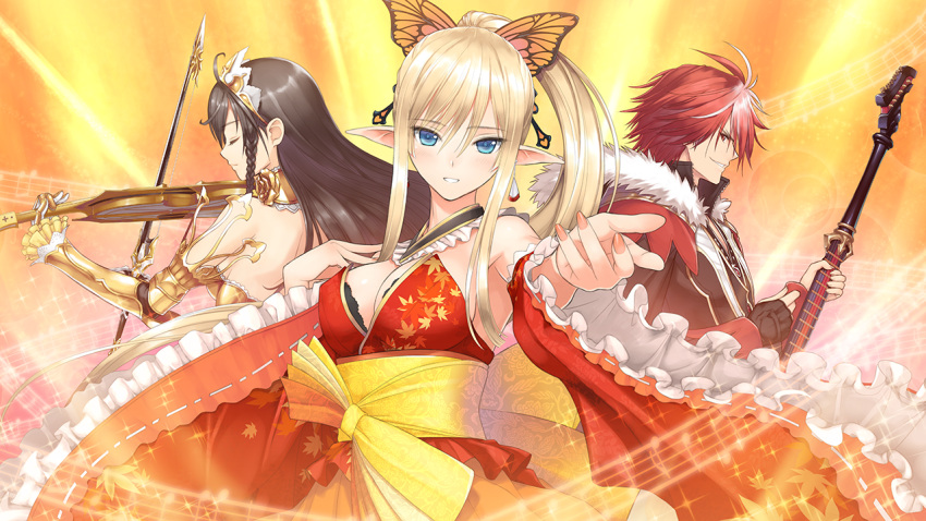 1boy, 2girls, aqua_eyes, black_hair, blonde_hair, breasts, cleavage, crown
