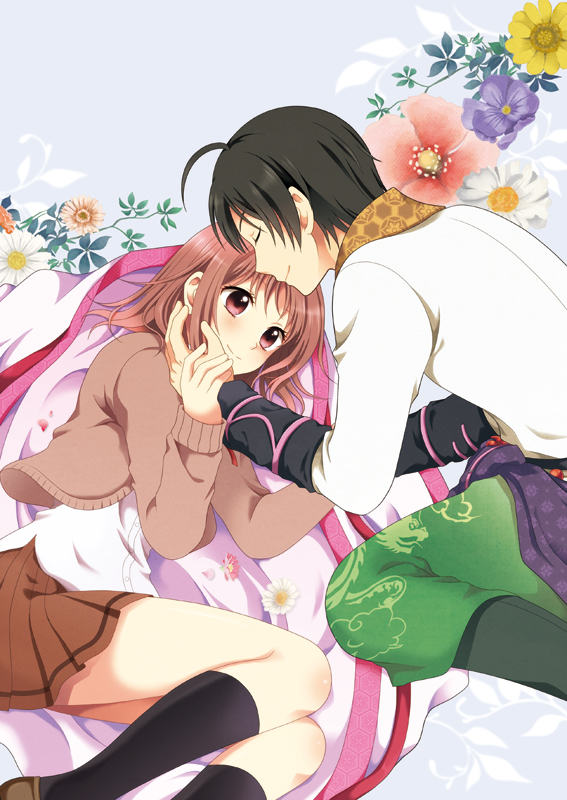 1boy, 1girl, black_hair, brown_hair, closed_eyes, couple, forehead_kiss, hand_on_another's_cheek