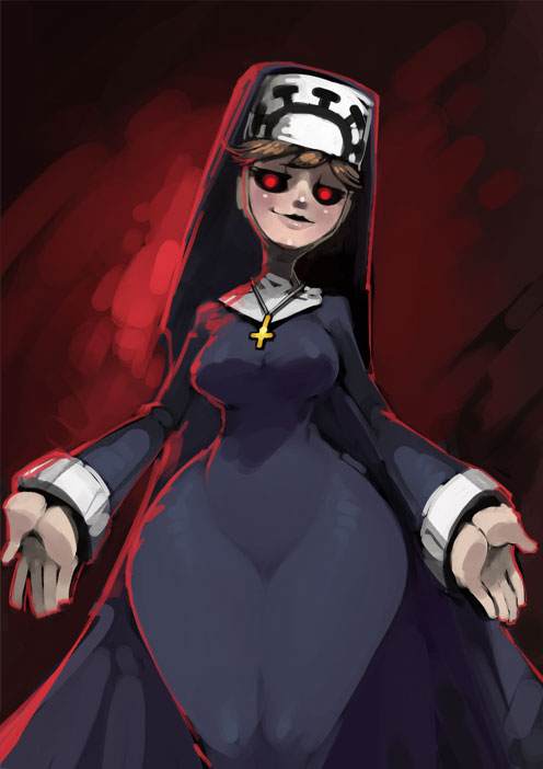 1girl, bittenhard, blonde_hair, breasts, cross, double_(skullgirls), habit, hat