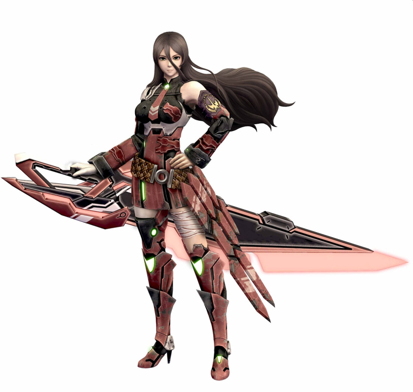 1girl, 3d, armor, armored_boots, armored_dress, armpits, bandages, bangs, bare_shoulders, belt, beltskirt, black_hair, boots, breasts, damaged, dress, fildia_(phantasy_star_nova), floating_hair, full_body, gloves, glowing, hair_between_eyes, hand_on_hip, high_heel_boots, high_heels, highres, huge_weapon, long_hair, long_sleeves, looking_at_viewer, metal_boots, neon_trim, phantasy_star, phantasy_star_nova, red_boots, short_dress, simple_background, single_glove, standing, sword, thigh-highs, thigh_boots, very_long_hair, weapon, white_background, yellow_eyes, zettai_ryouiki