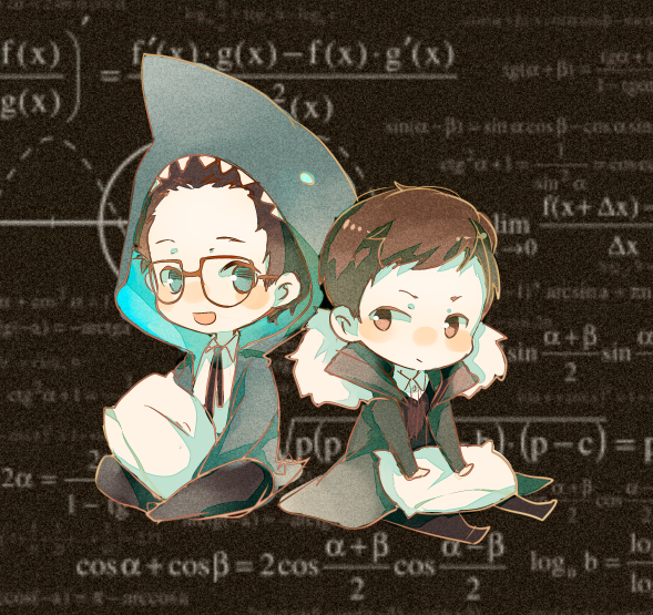 2boys, blue_eyes, brown_eyes, brown_hair, calculus, chibi, glasses, herman_gottlieb