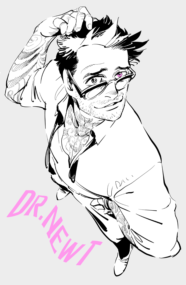 1boy, ahn_dongshik, facial_hair, glasses, highres, newton_geiszler, pacific_rim, solo
