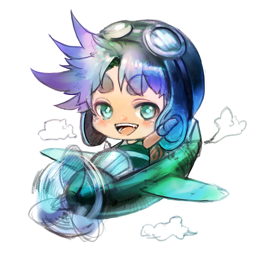 1boy, airplane, aviator_cap, az_(kroneko007), blue_hair, chibi, gloves, goggles