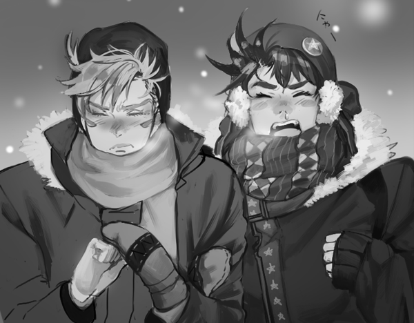 2boys, az_(kroneko007), caesar_anthonio_zeppeli, earmuffs, greyscale, hat, jojo_no_kimyou_na_bouken, joseph_joestar_(young)