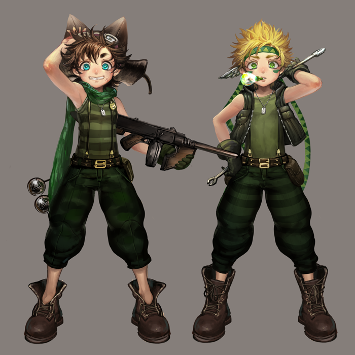 2boys, aviator_cap, az_(kroneko007), blonde_hair, blue_eyes, bola_(weapon), brown_hair, caesar_anthonio_zeppeli