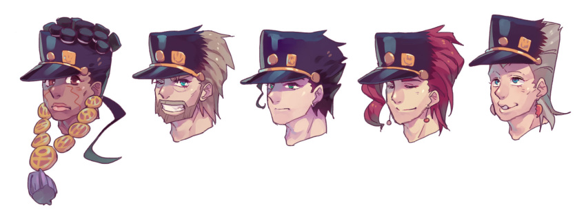 5boys, hat, highres, jean_pierre_polnareff, jewelry, jojo_no_kimyou_na_bouken, joseph_joestar, kakyouin_noriaki, kuujou_joutarou, mohammed_avdol, multiple_boys, necklace, tenya_mizuki