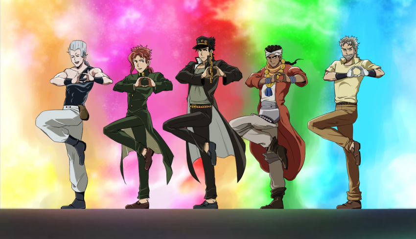 5boys, jean_pierre_polnareff, jojo_no_kimyou_na_bouken, joseph_joestar, kakyouin_noriaki, kuujou_joutarou, mohammed_avdol, morphin_e