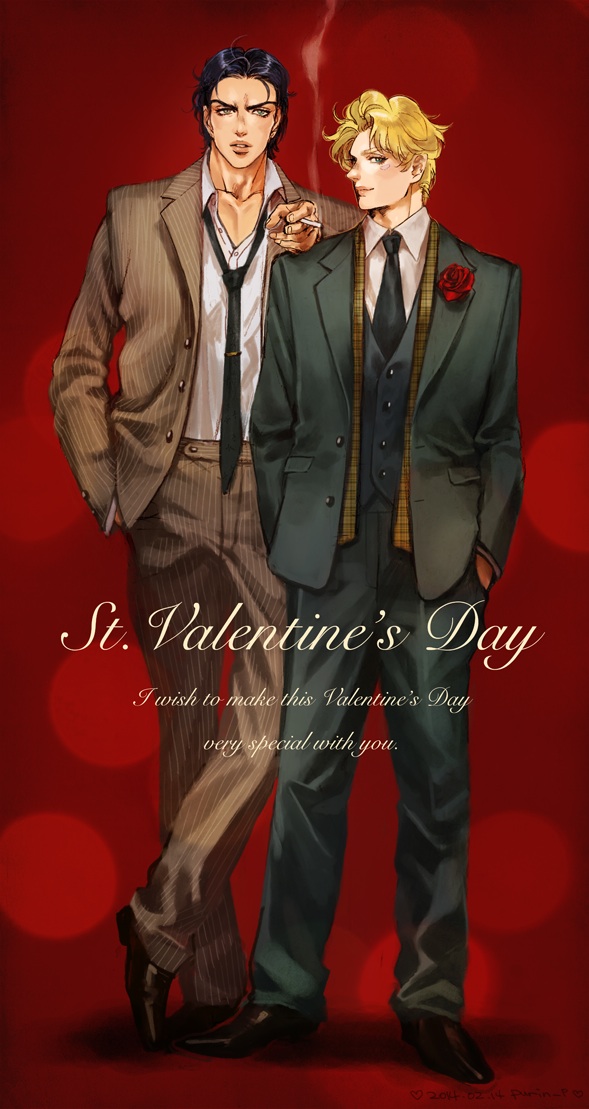 2boys, black_hair, blonde_hair, caesar_anthonio_zeppeli, cigarette, facial_mark, formal, green_hair