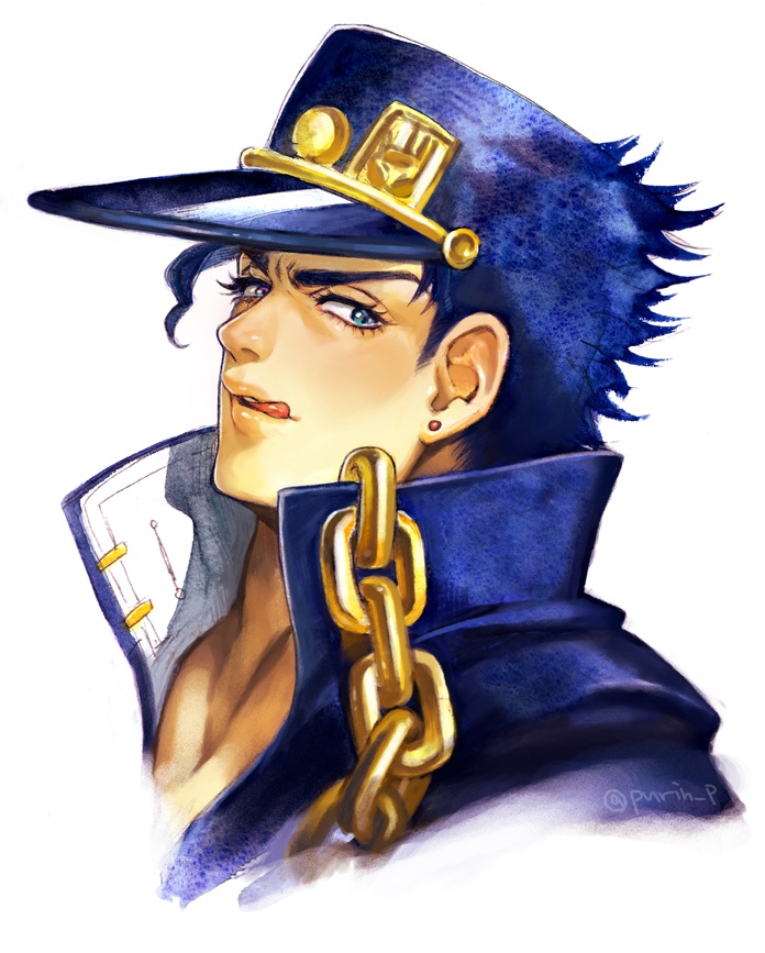 1boy, blue_eyes, blue_hair, chain, hat, jojo_no_kimyou_na_bouken, kuujou_joutarou, licking_lips