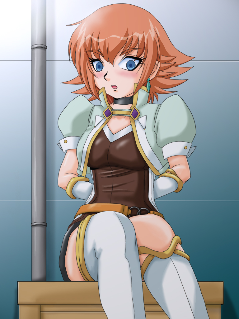 1girl, arms_behind_back, asymmetrical_clothes, bakugan, bakugan_new_vestroia, blue_eyes, boots, breasts, choker, earrings, jewelry, mira_fermen, open_mouth, orange_hair, short_hair, thigh-highs, white_legwear