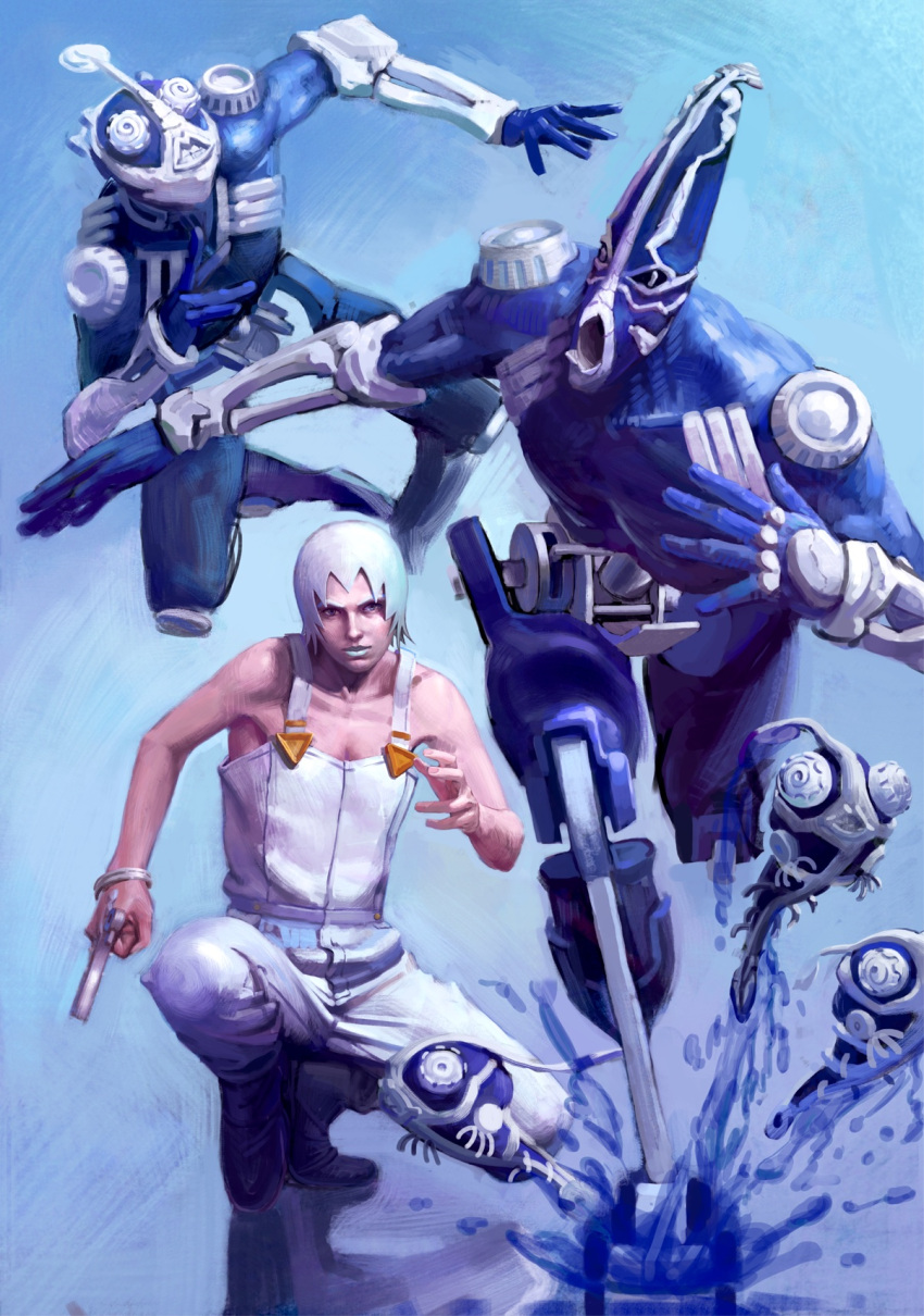 1girl, foo_fighters, foo_fighters_(stand), gun, highres, jojo_no_kimyou_na_bouken, multiple_persona, overalls