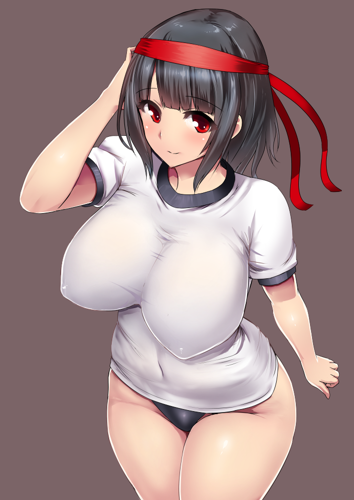 1girl, black_hair, breasts, brown_background, buruma, covered_navel, headband, huge_breasts, impossible_clothes, impossible_shirt, ishimura_(ishimura-ya), kantai_collection, leaning_forward, looking_at_viewer, red_eyes, short_hair, simple_background, smile, solo, takao_(kantai_collection), thighs, wide_hips