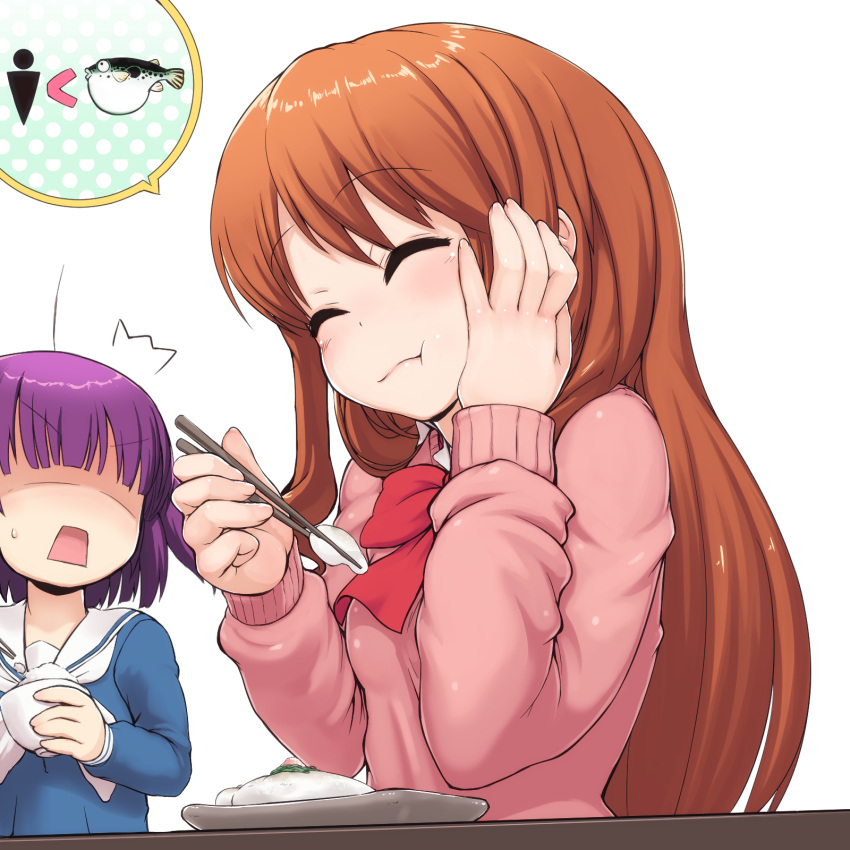 2girls, bowl, brown_hair, chopsticks, eating, fish, food, highres