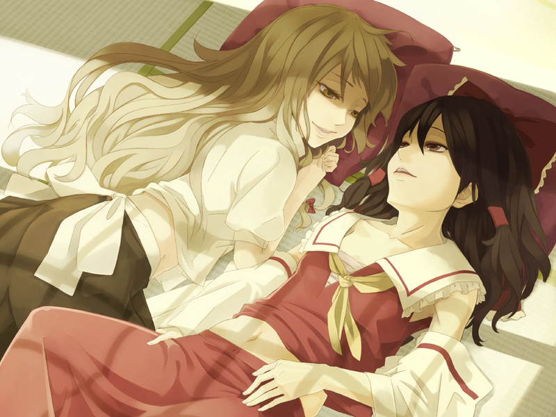 black_hair, blonde_hair, bow, brown_eyes, detached_sleeves, hakurei_reimu, kirisame_marisa, long_hair