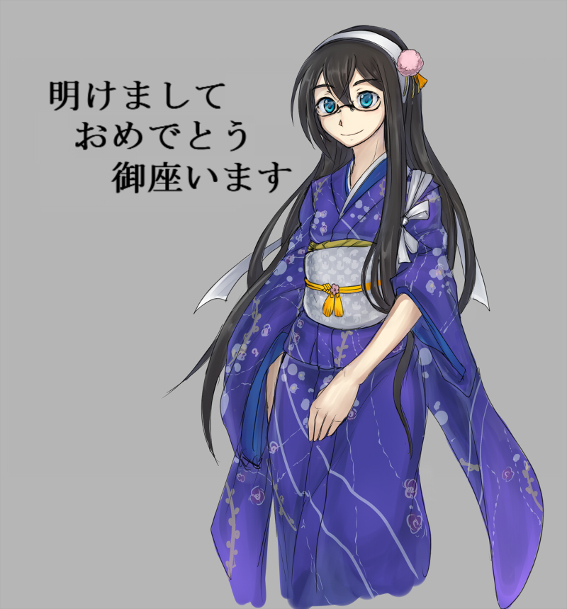 1girl, black_hair, blue_eyes, glasses, grey_background, hairband, japanese_clothes, kantai_collection