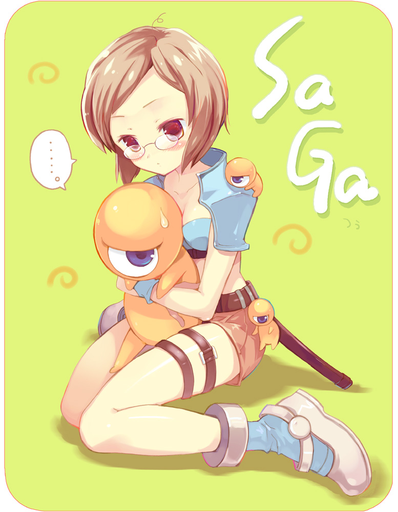 bad_id, belt, blush, brown_hair, glasses, hug, human_(saga_2), keychain