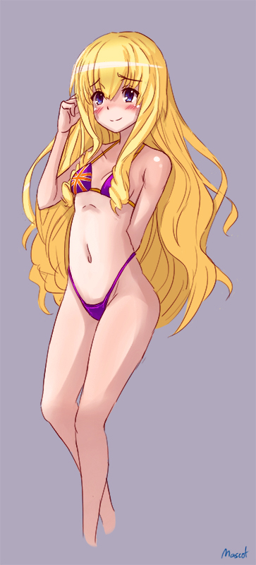 1girl, amagi_brilliant_park, bikini, blonde_hair, blue_eyes, blush, drill_hair, highleg, highleg_bikini, highleg_swimsuit, latifa_fleuranza, long_hair, mascot_(4chan), solo, swimsuit, union_jack
