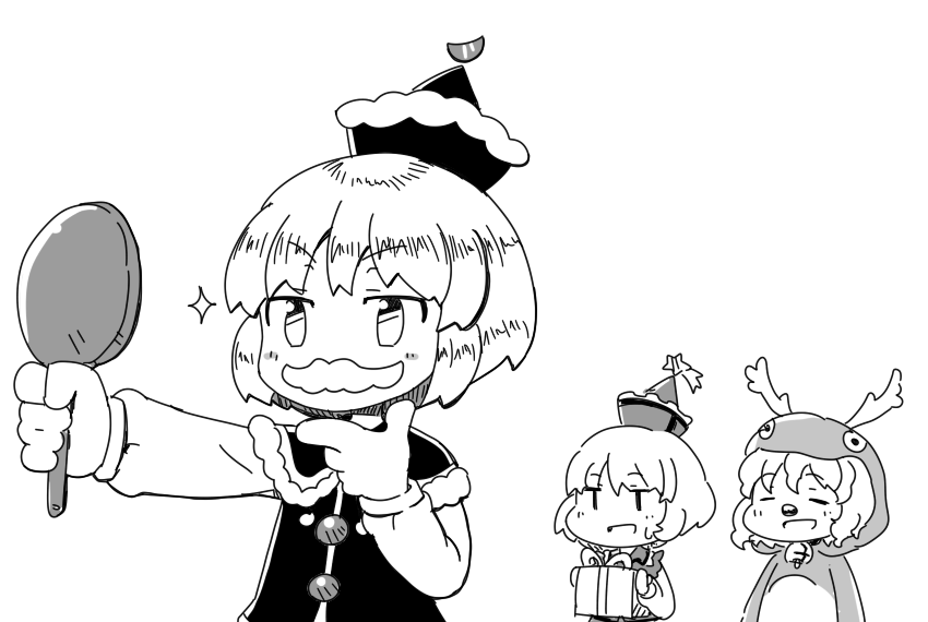 3girls, alternate_costume, animal_costume, crescent, facial_hair, gift, hat, jirousan21