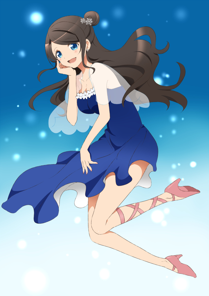 1girl, black_hair, blue_eyes, dress, earrings, hair_ornament, highres, jewelry