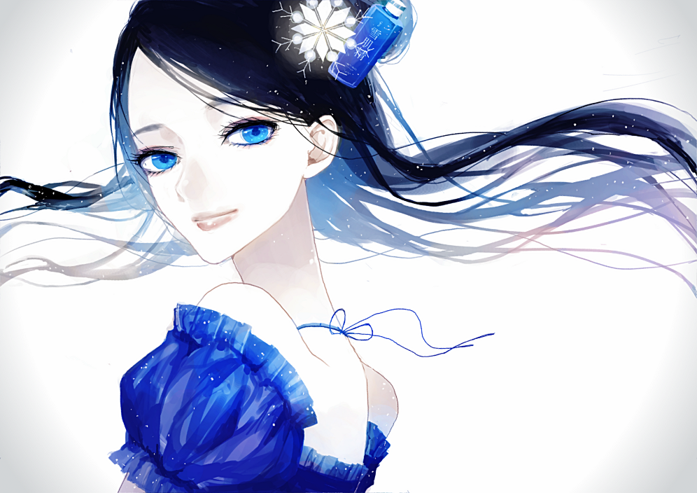 1girl, black_hair, blue_eyes, hair_ornament, kiyu_(divina-box), long_hair, older, original