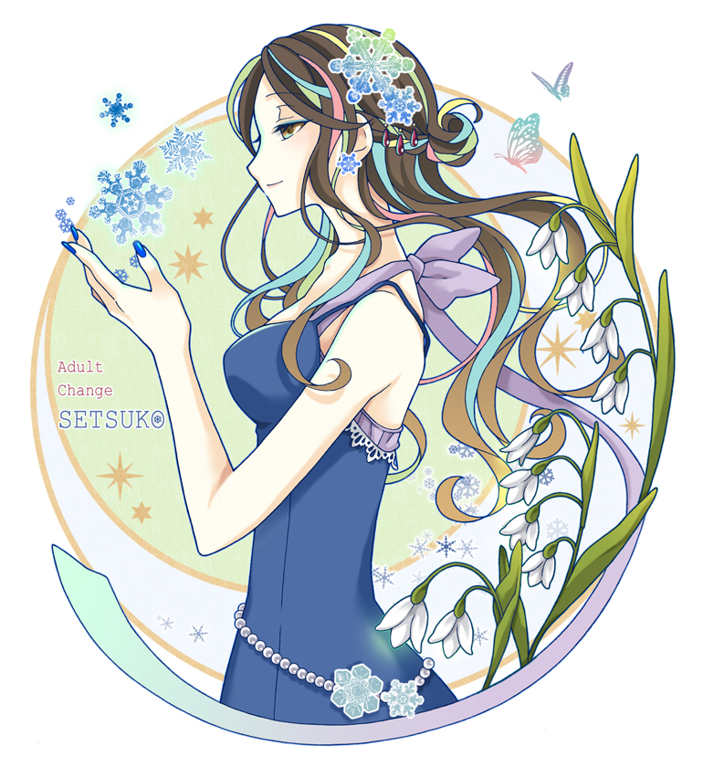 1girl, 96mame, brown_hair, character_name, dress, flower, hair_ornament, long_hair